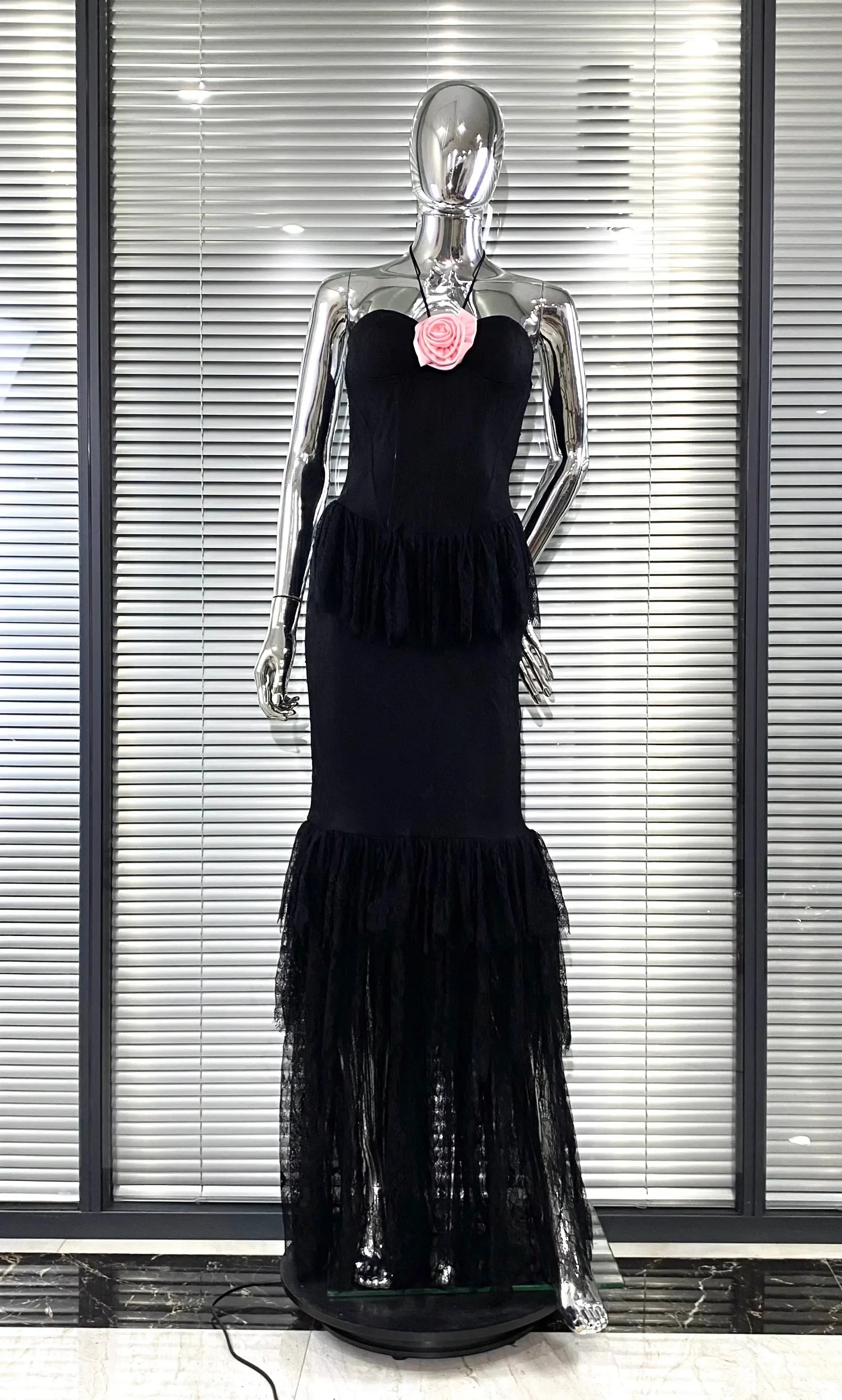 Stylish Mermaid Halter Tiered Ruffle Lace Flowers Black Long Prom Dress