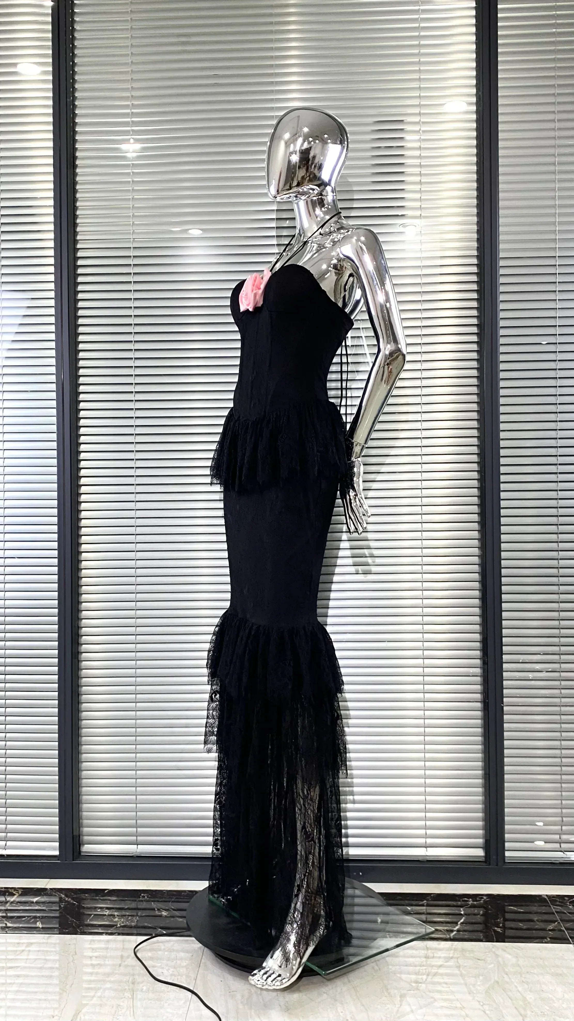 Stylish Mermaid Halter Tiered Ruffle Lace Flowers Black Long Prom Dress