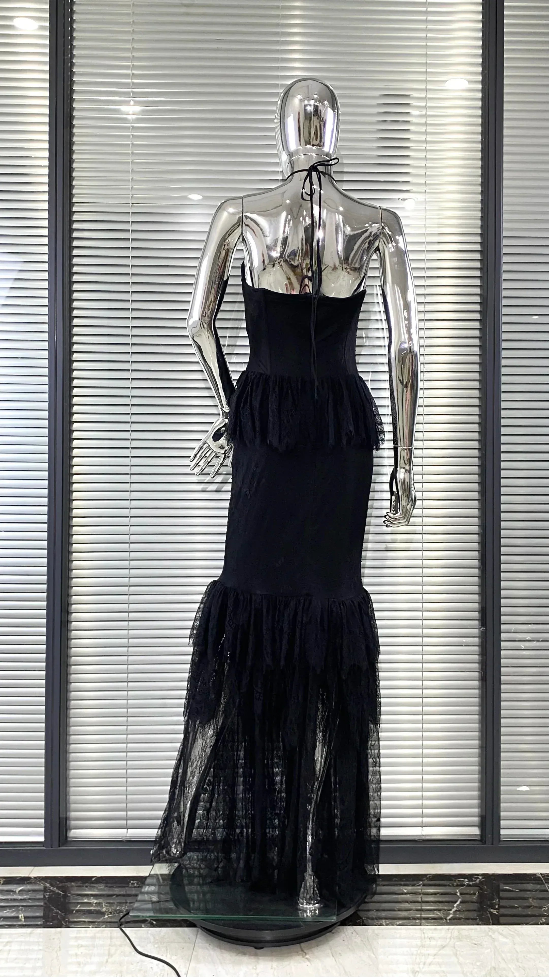 Stylish Mermaid Halter Tiered Ruffle Lace Flowers Black Long Prom Dress