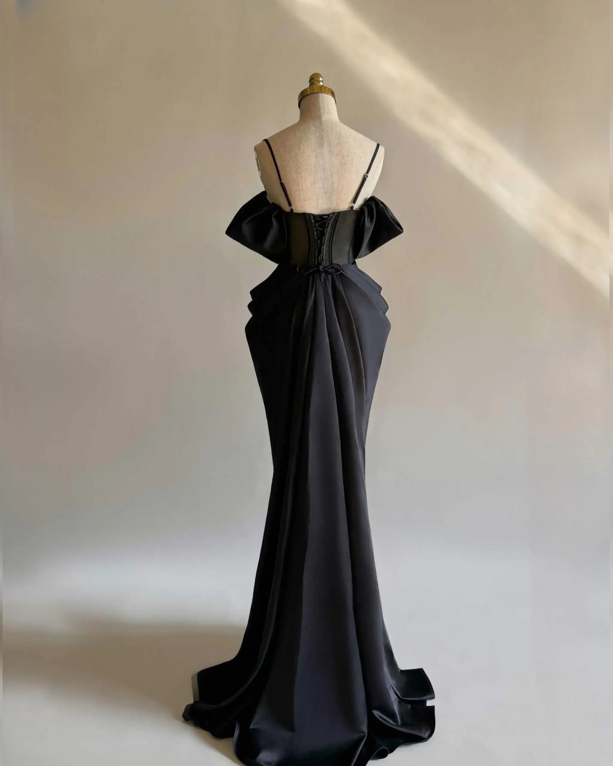 Stylish Mermaid Off-Shoulder Corset Ruched Satin Black Floor-Length Prom Dress