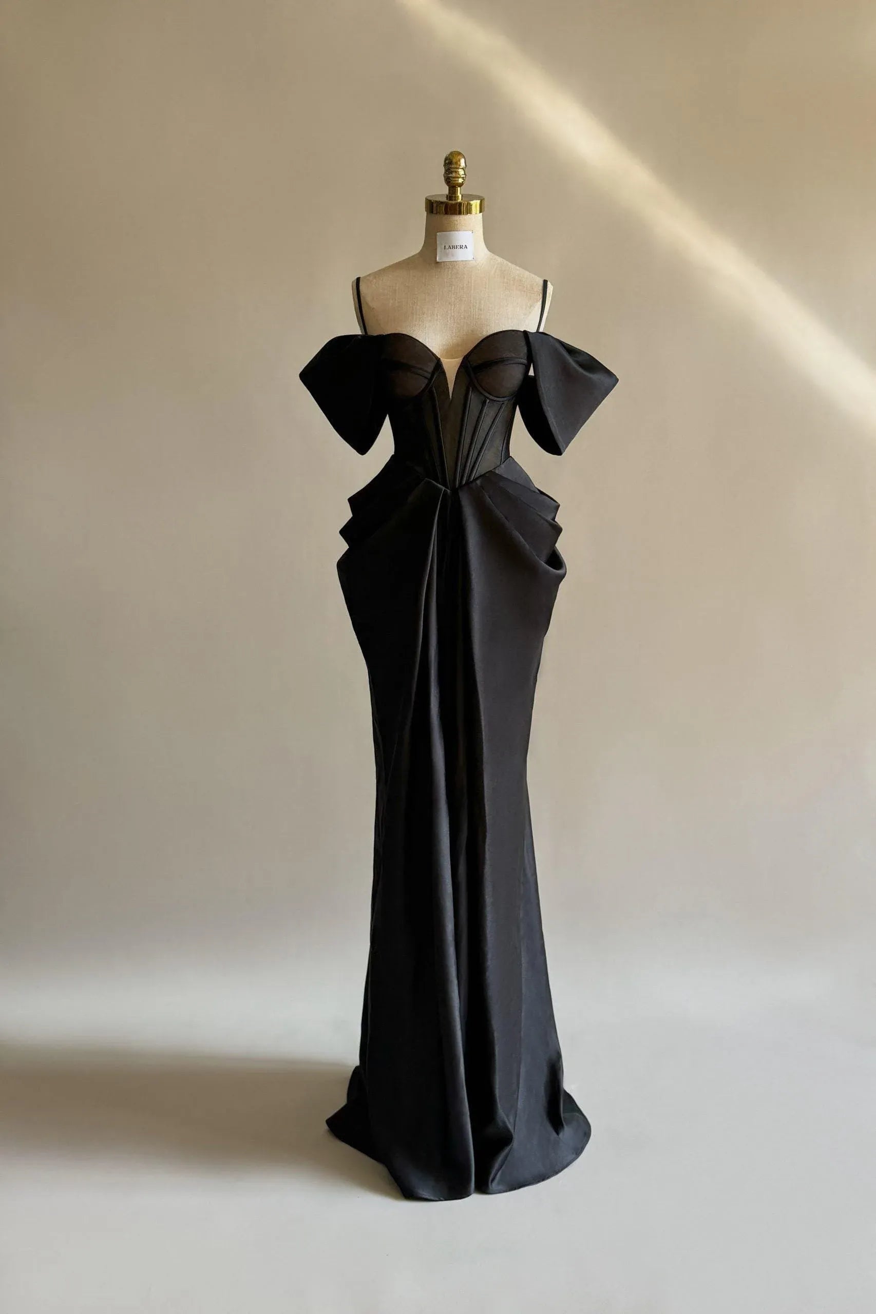 Stylish Mermaid Off-Shoulder Corset Ruched Satin Black Floor-Length Prom Dress