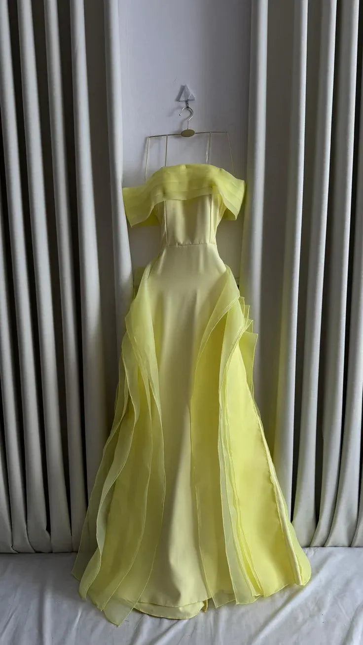 Stylish Mermaid Off Shoulder Pleated Ruffled Yellow Long Prom Dress