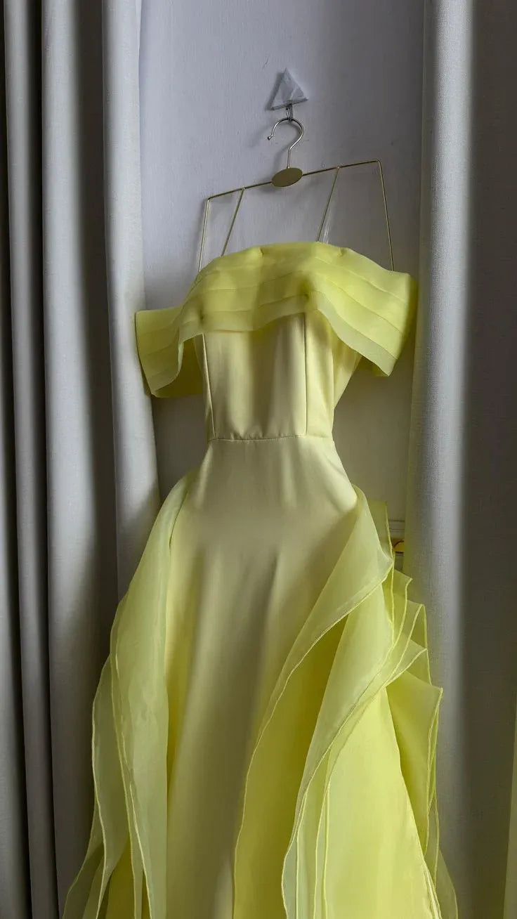 Stylish Mermaid Off Shoulder Pleated Ruffled Yellow Long Prom Dress