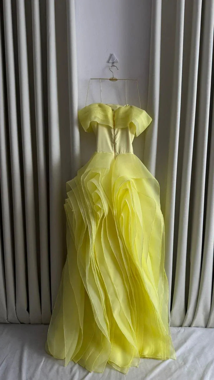 Stylish Mermaid Off Shoulder Pleated Ruffled Yellow Long Prom Dress