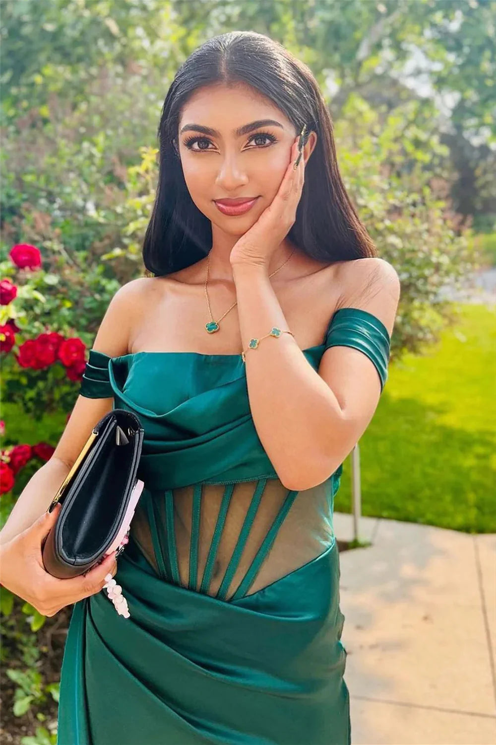 Stylish Mermaid Off the Shoulder Corset Dark Green Prom Dress With Split