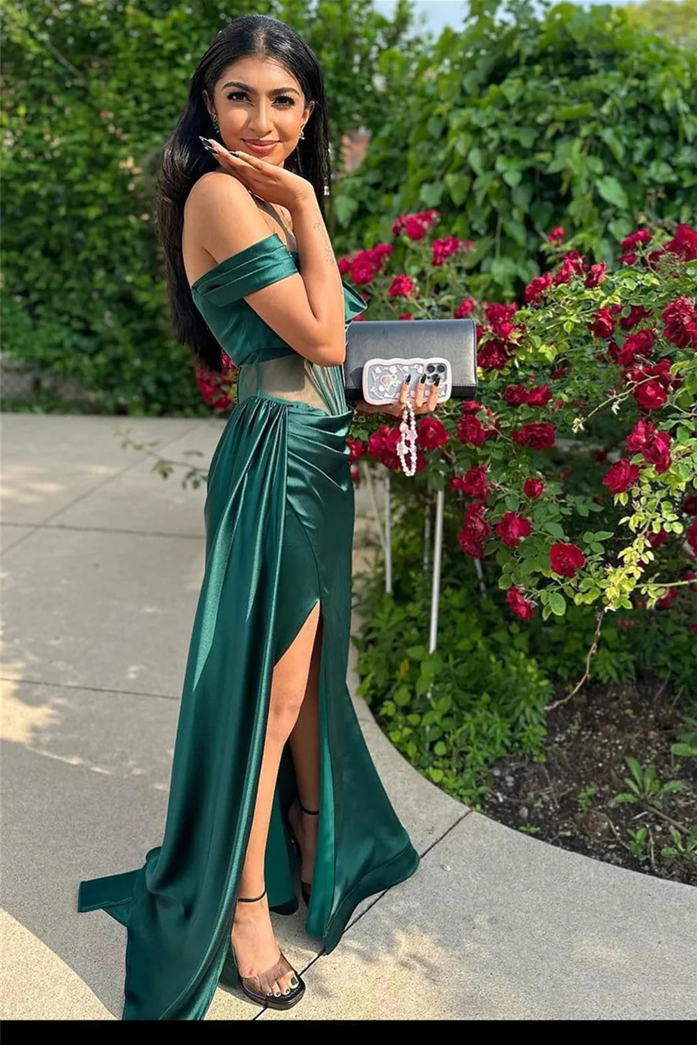 Stylish Mermaid Off the Shoulder Corset Dark Green Prom Dress With Split