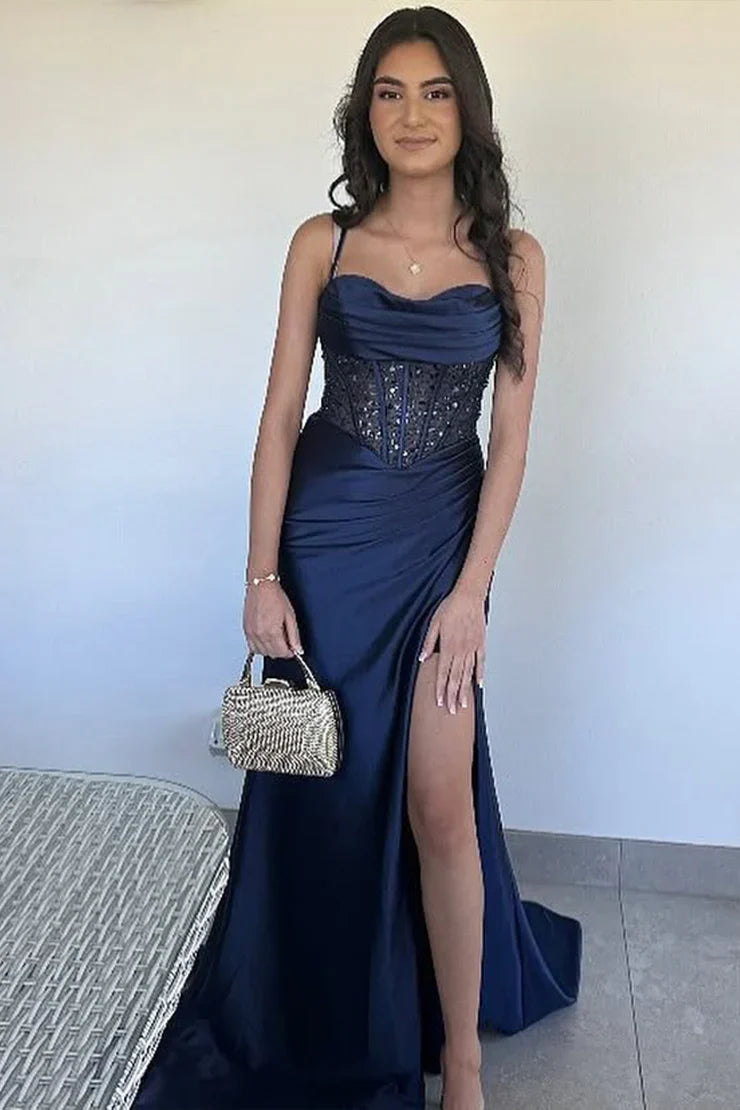 Stylish Mermaid Spaghetti Straps Corset Red Floor Length Prom Dress With Split