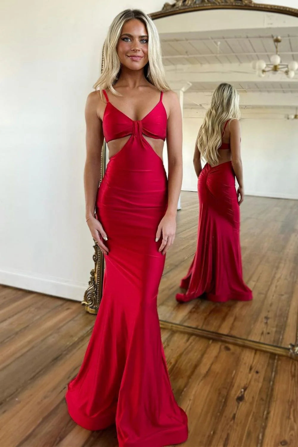 Stylish Mermaid Spaghetti Straps Cutout Satin Red Floor Length Prom Dress