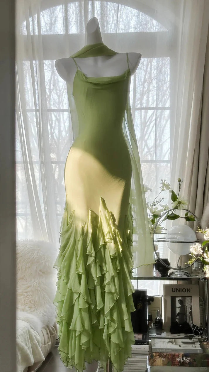 Stylish Mermaid Spaghetti Straps Ruffled Chiffon Green Long Party Dress