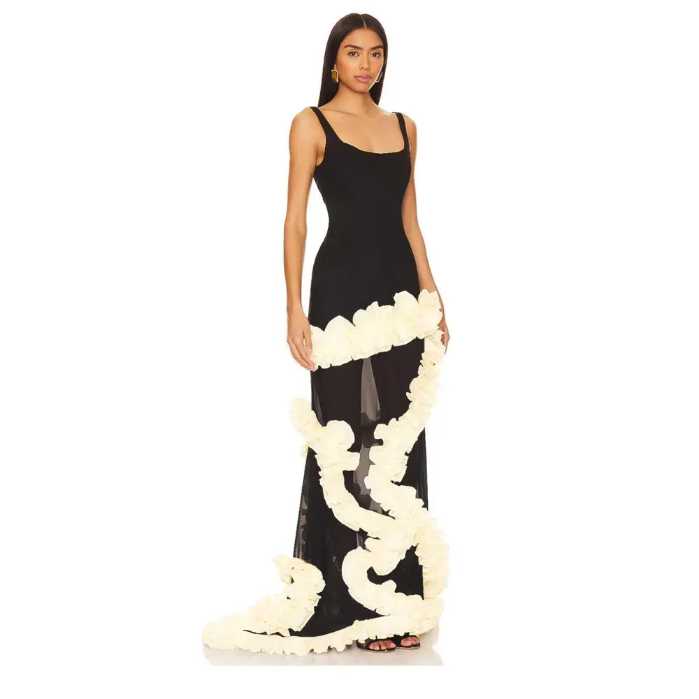 Stylish Mermaid Square Neck Ruffle Florals Black Prom Dress With Train