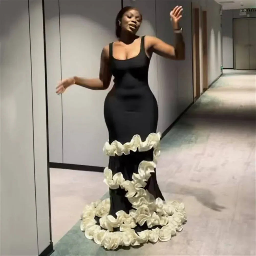 Stylish Mermaid Square Neck Ruffle Florals Black Prom Dress With Train