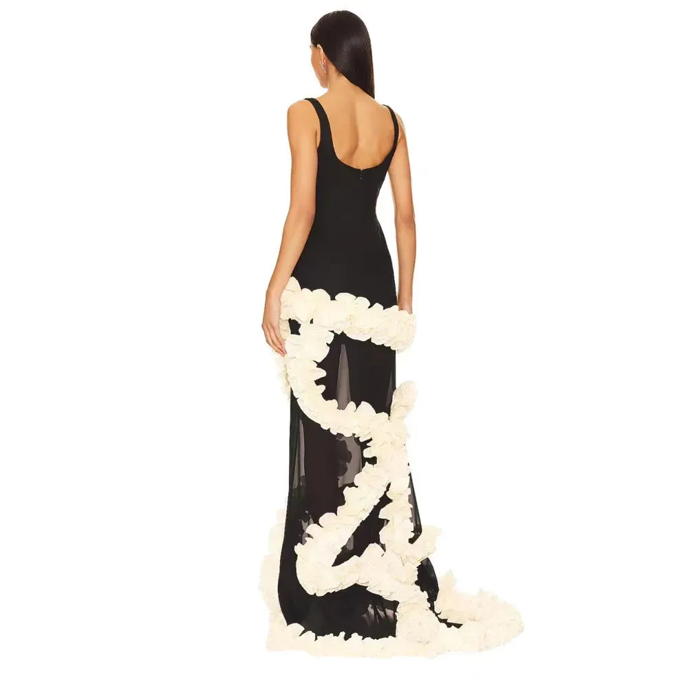Stylish Mermaid Square Neck Ruffle Florals Black Prom Dress With Train