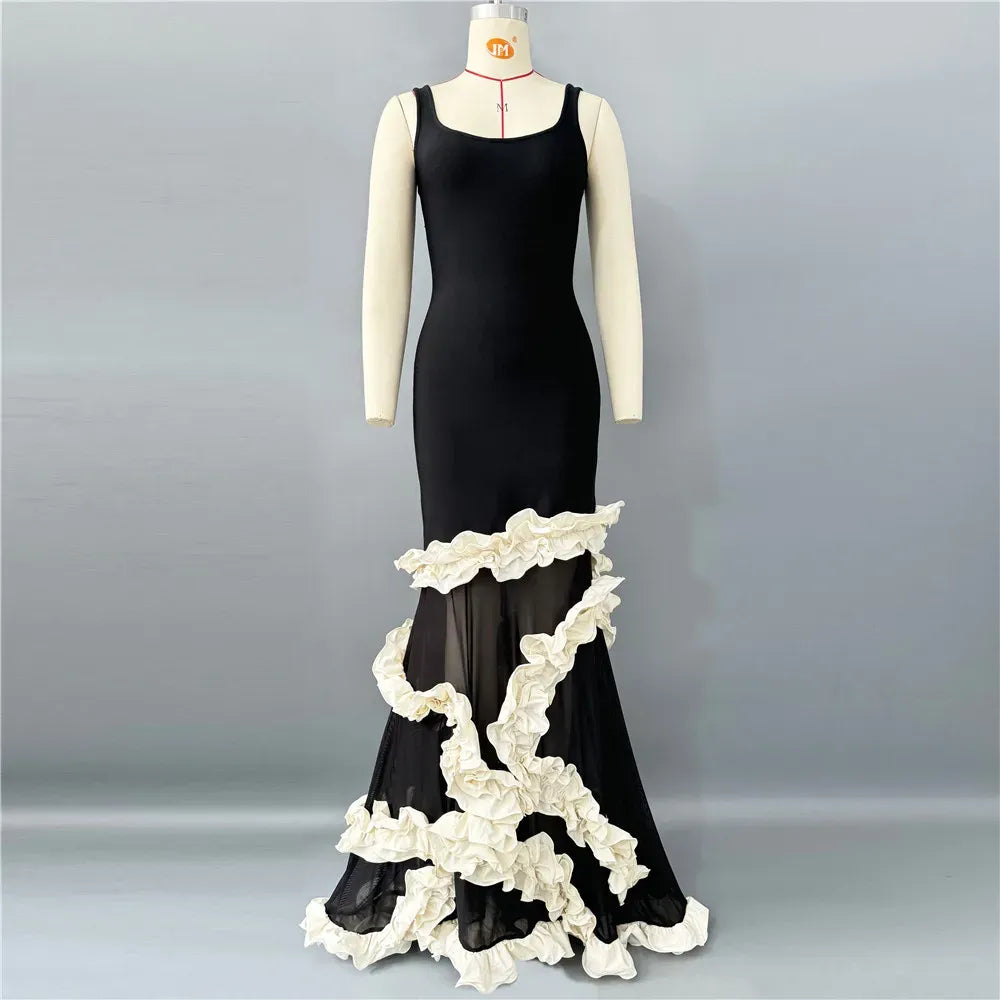 Stylish Mermaid Square Neck Ruffle Florals Black Prom Dress With Train