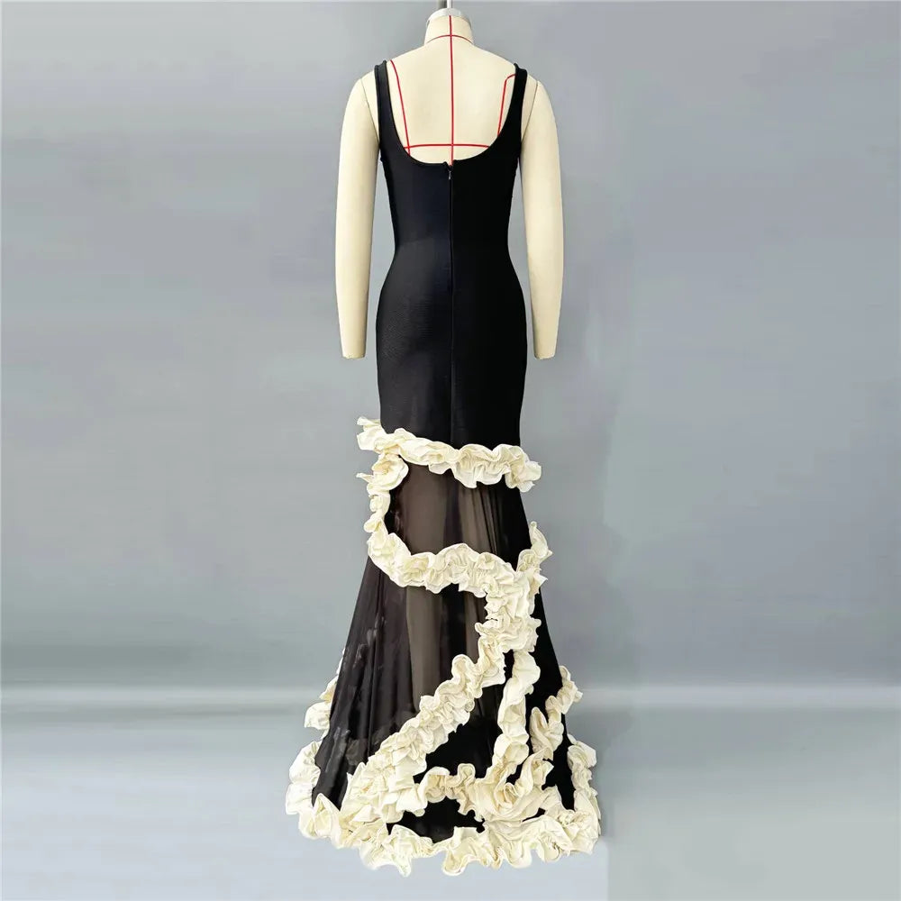Stylish Mermaid Square Neck Ruffle Florals Black Prom Dress With Train