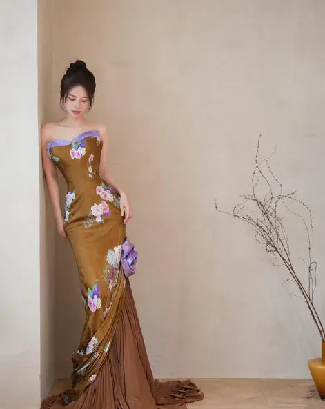 Stylish Mermaid Strapless 3D Floral Satin Brown Prom Dress With Sweep Train
