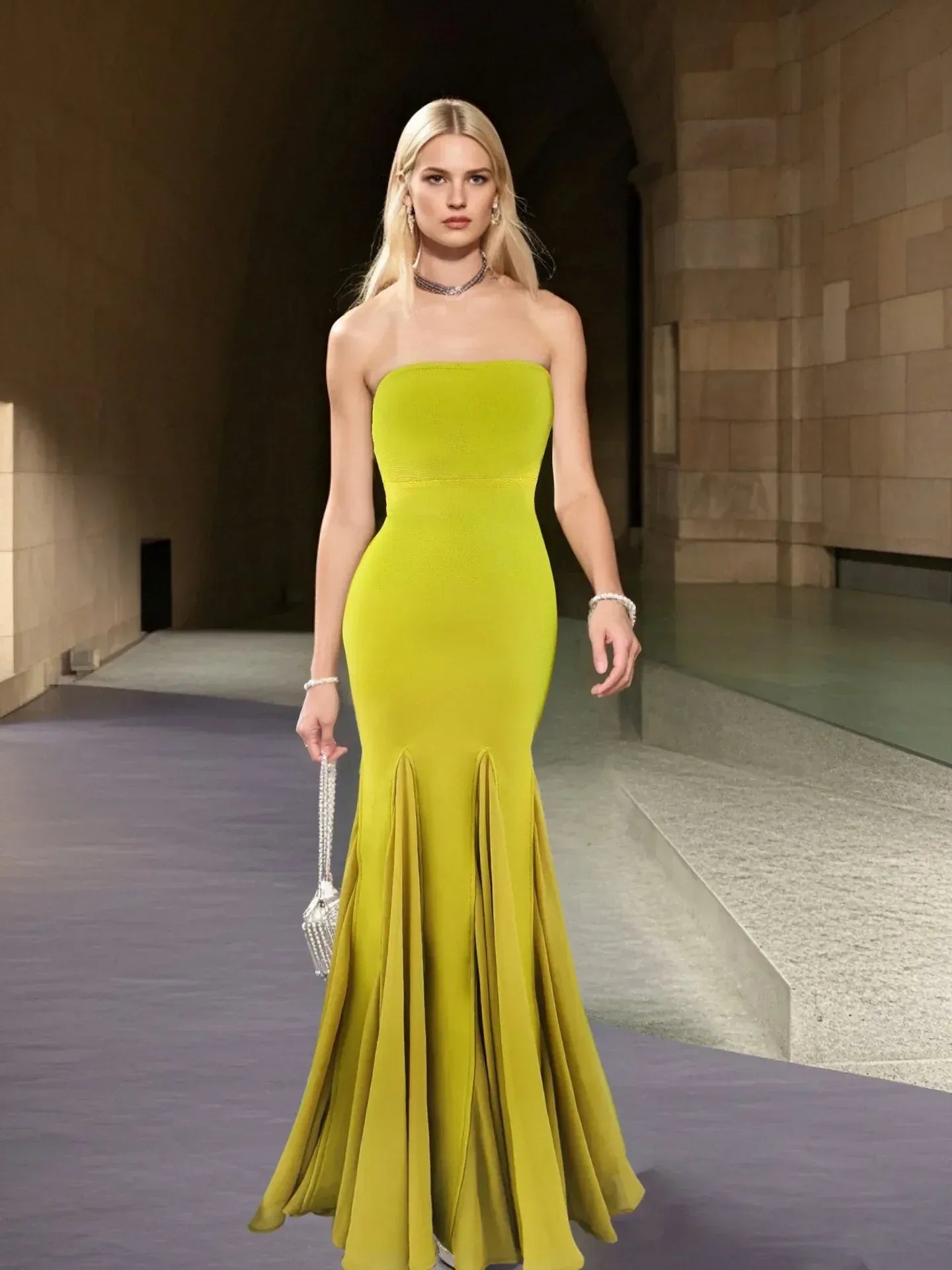 Stylish Mermaid Strapless Ruffle Chartreuse Maxi Prom Dress Hot Sale