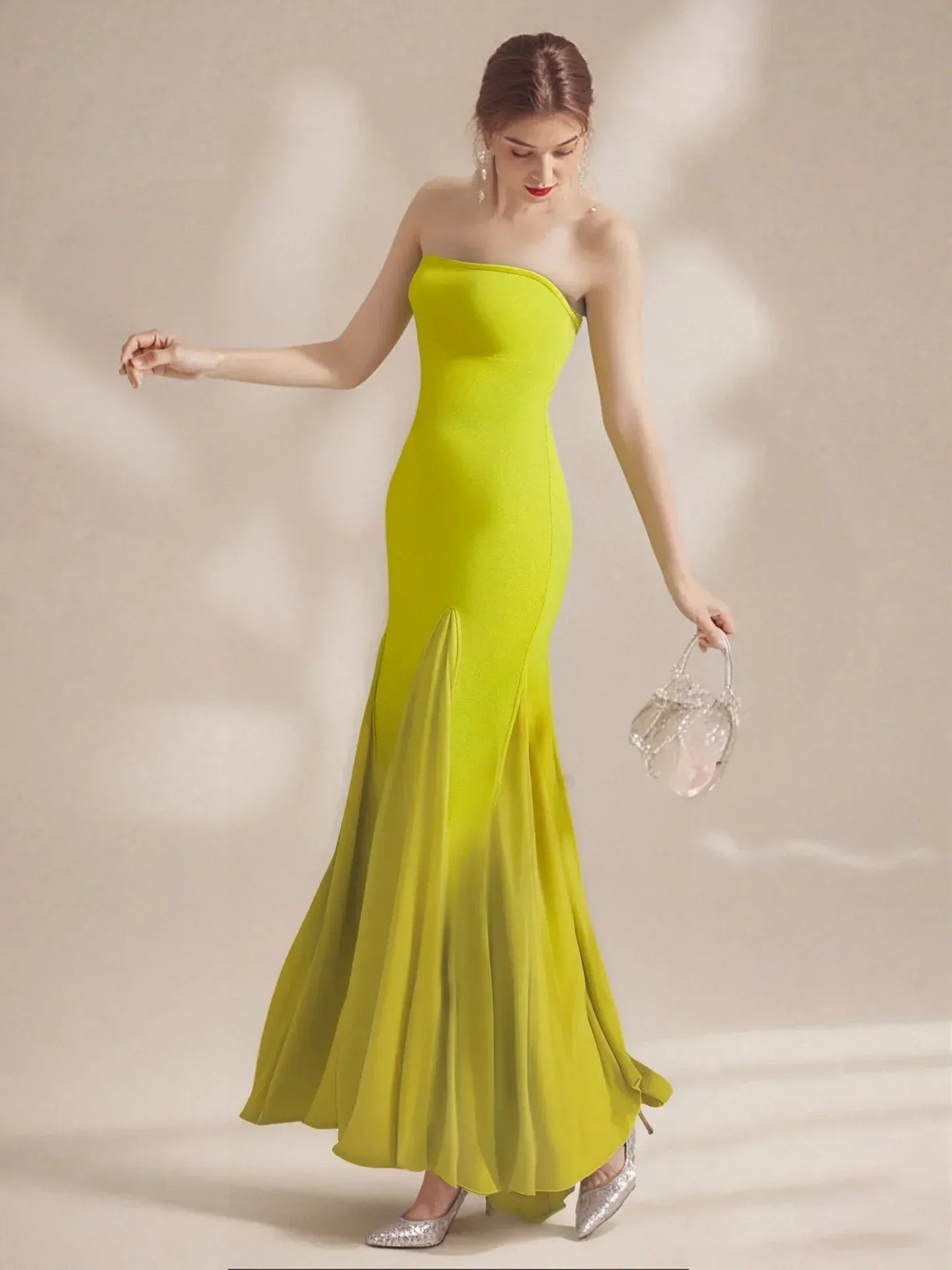 Stylish Mermaid Strapless Ruffle Chartreuse Maxi Prom Dress Hot Sale