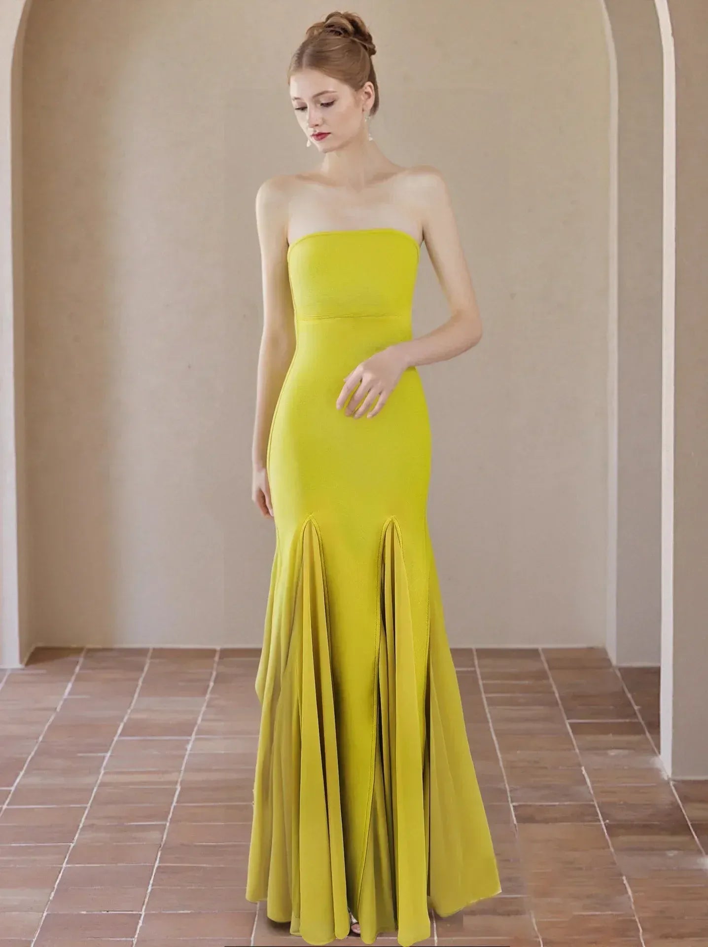 Stylish Mermaid Strapless Ruffle Chartreuse Maxi Prom Dress Hot Sale
