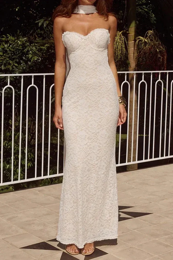 Stylish Mermaid Sweetheart Lace White Floor Length Prom Dress With Scarf