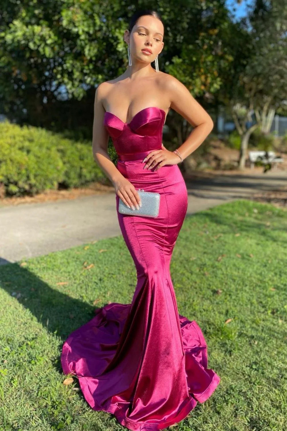 Stylish Mermaid Sweetheart Satin Fuchsia Floor Length Prom Dress
