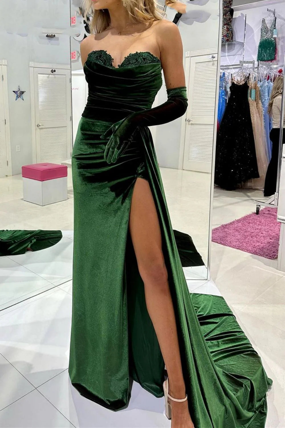 Stylish Mermaid Sweetheart Velvet Dark Green Prom Dress With Split