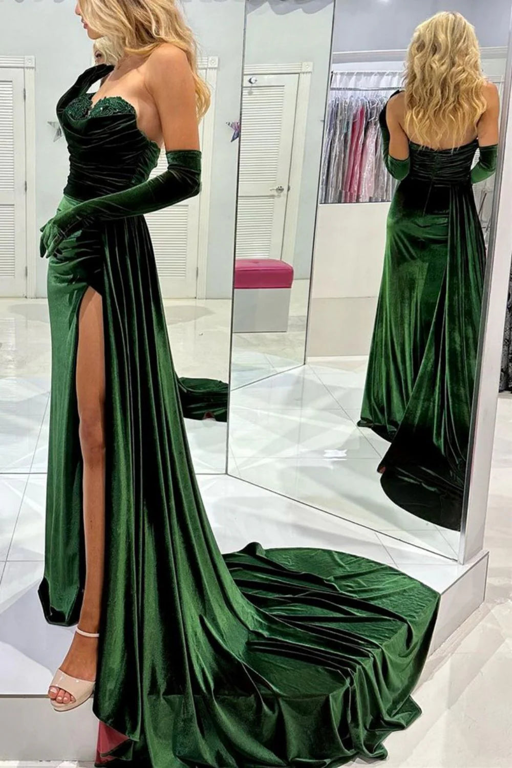 Stylish Mermaid Sweetheart Velvet Dark Green Prom Dress With Split