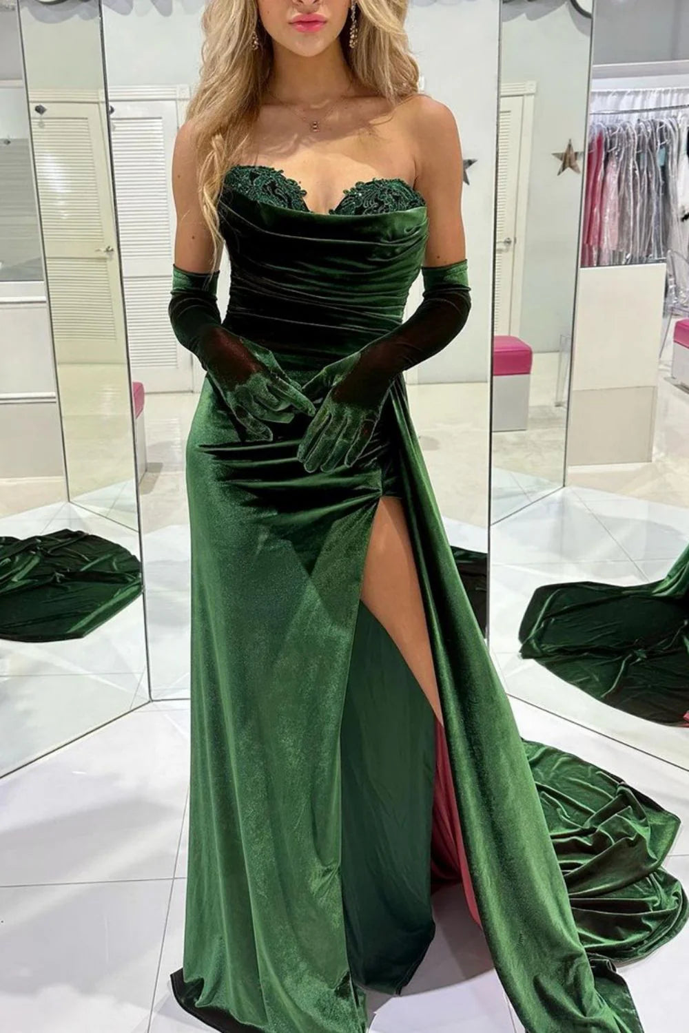 Stylish Mermaid Sweetheart Velvet Dark Green Prom Dress With Split