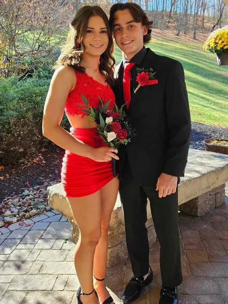 Stylish One-Shoulder Lace Applique Cutout Waist Red Short Homecoming Dress