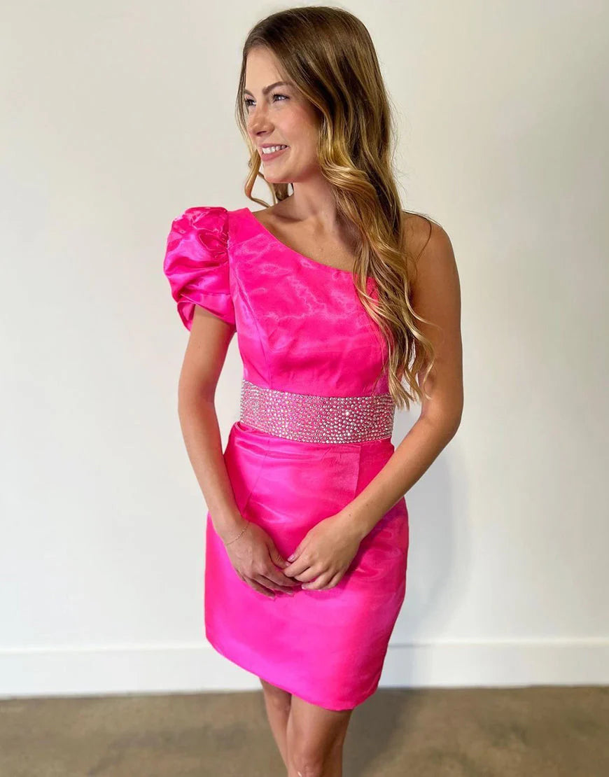 Stylish One Shoulder Satin Hot Pink Short Homecoming Dress With Beaded Belt