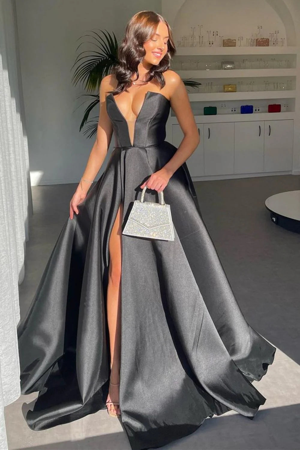 Stylish Sexy A Line Deep V Neck Black Long Prom Dress With Split