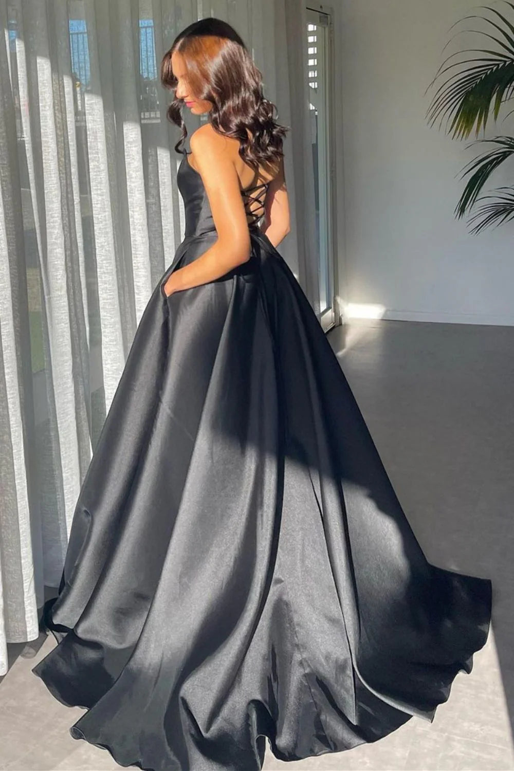 Stylish Sexy A Line Deep V Neck Black Long Prom Dress With Split