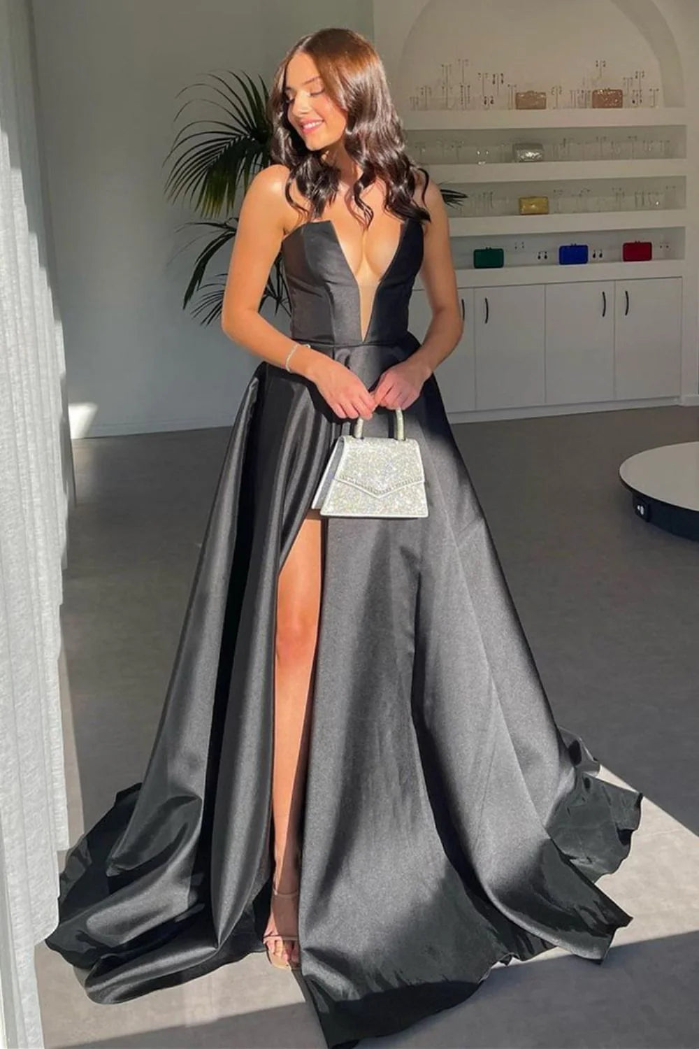 Stylish Sexy A Line Deep V Neck Black Long Prom Dress With Split