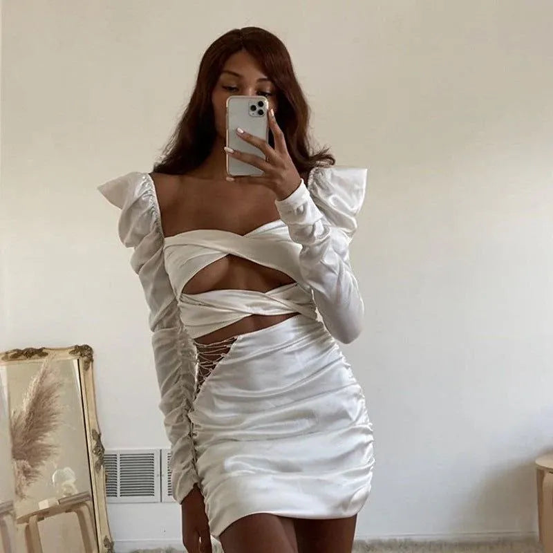 Stylish Sexy Bodycon Off-Shoulder Ruched Cut Out White Mini Homecoming Dress