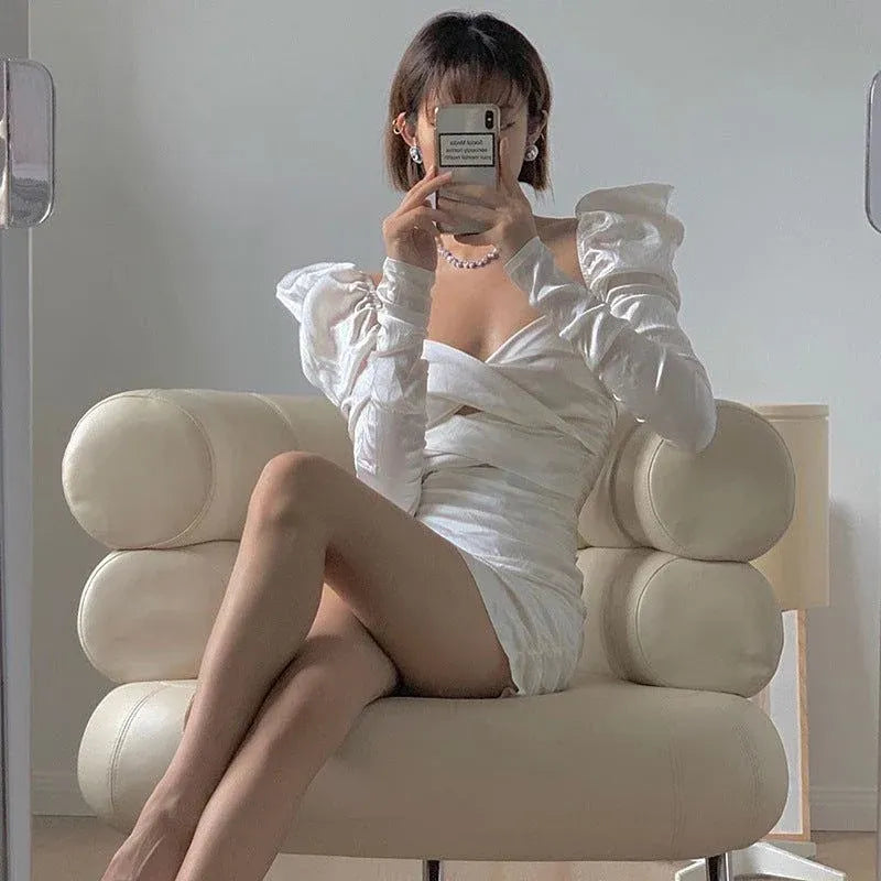 Stylish Sexy Bodycon Off-Shoulder Ruched Cut Out White Mini Homecoming Dress