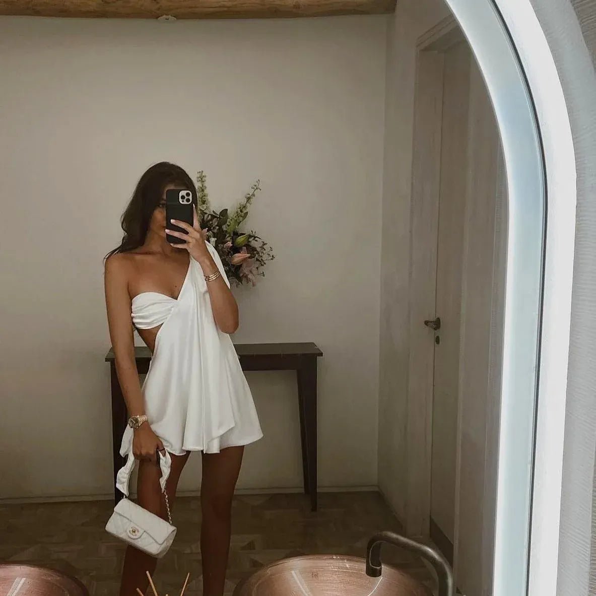 Stylish Sexy Tropical A-Line One-Shoulder Cutout White Mini Homecoming Dress
