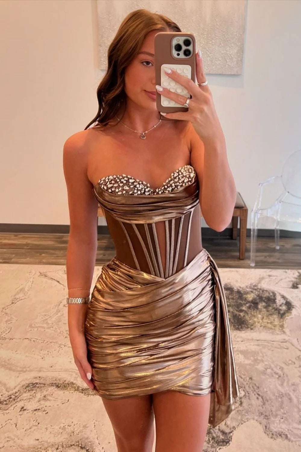 Stylish Sheath Sweetheart Beading Cutout Metallic Gold Short Homecoming Dress