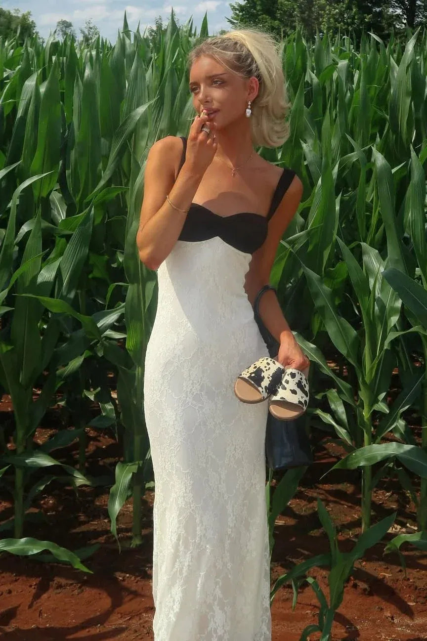 Stylish Sheath Sweetheart Lace BlackWhite Floor-Length Prom Dress For Sale