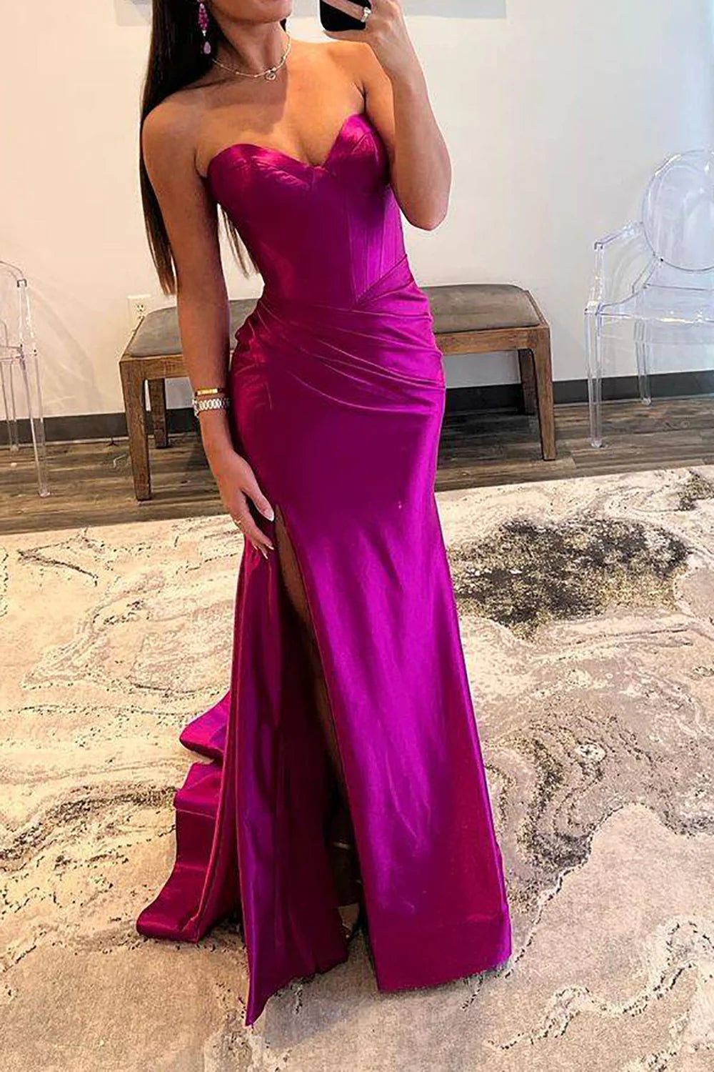 Stylish Sheath Sweetheart Pleated Satin Purple Prom Dress With Split