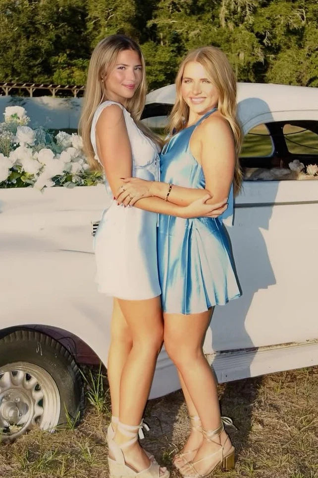 Stylish Sheath V Neck Lace Trim Light Blue Short Homecoming Party Dress