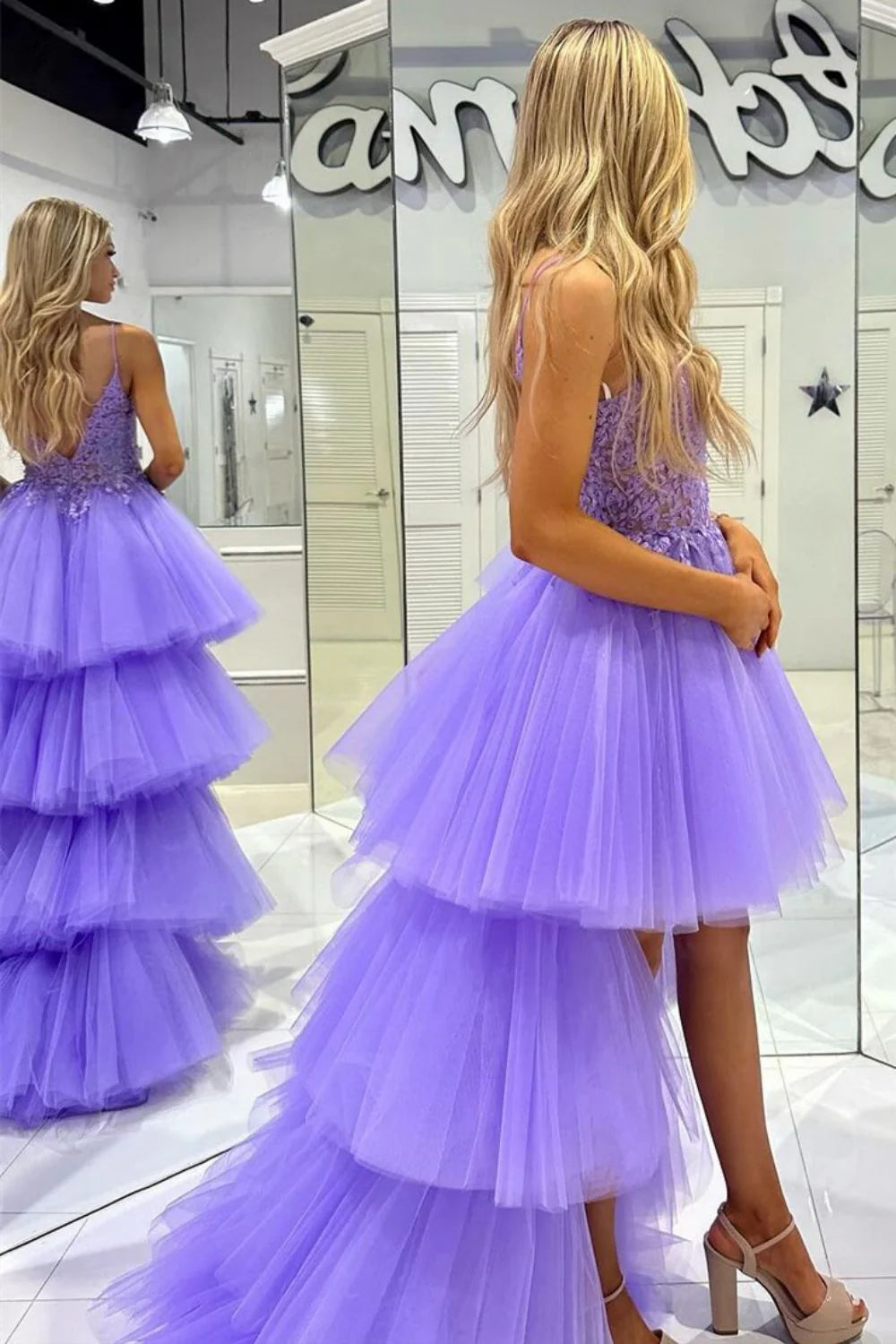 Stylish Spaghetti Straps Appliques High Low Purple Prom Dress