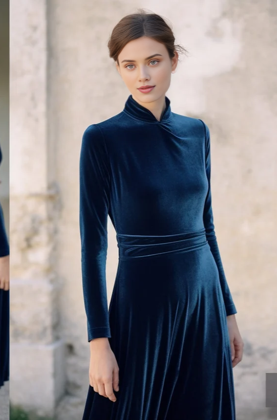Peacock Stylish Velvet Dress Long Sleeves Turtleneck Self-Tie Belt Spring Fall Fashion Plus Size Gowns Prom Dress ?