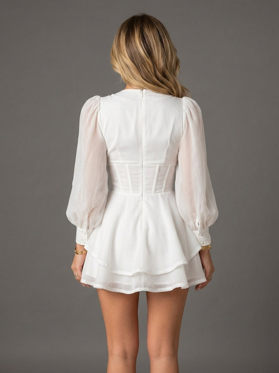 Stylish A-Line Deep V-Neck Long Sleeve Corset White Short Homecoming Dress