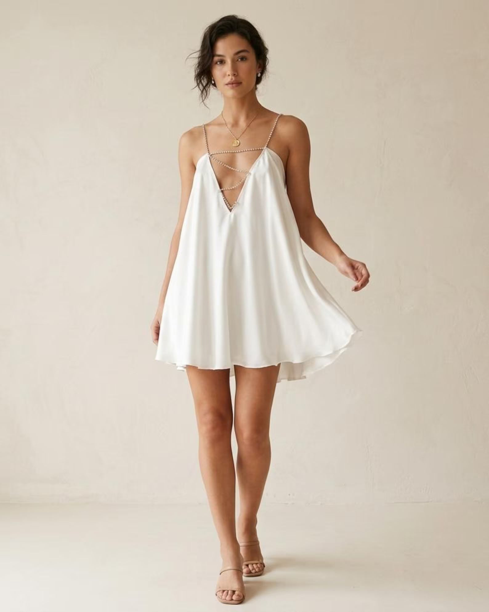 Stylish A-Line Deep V-Neck Rhinestone Straps White Mini Homecoming Dress