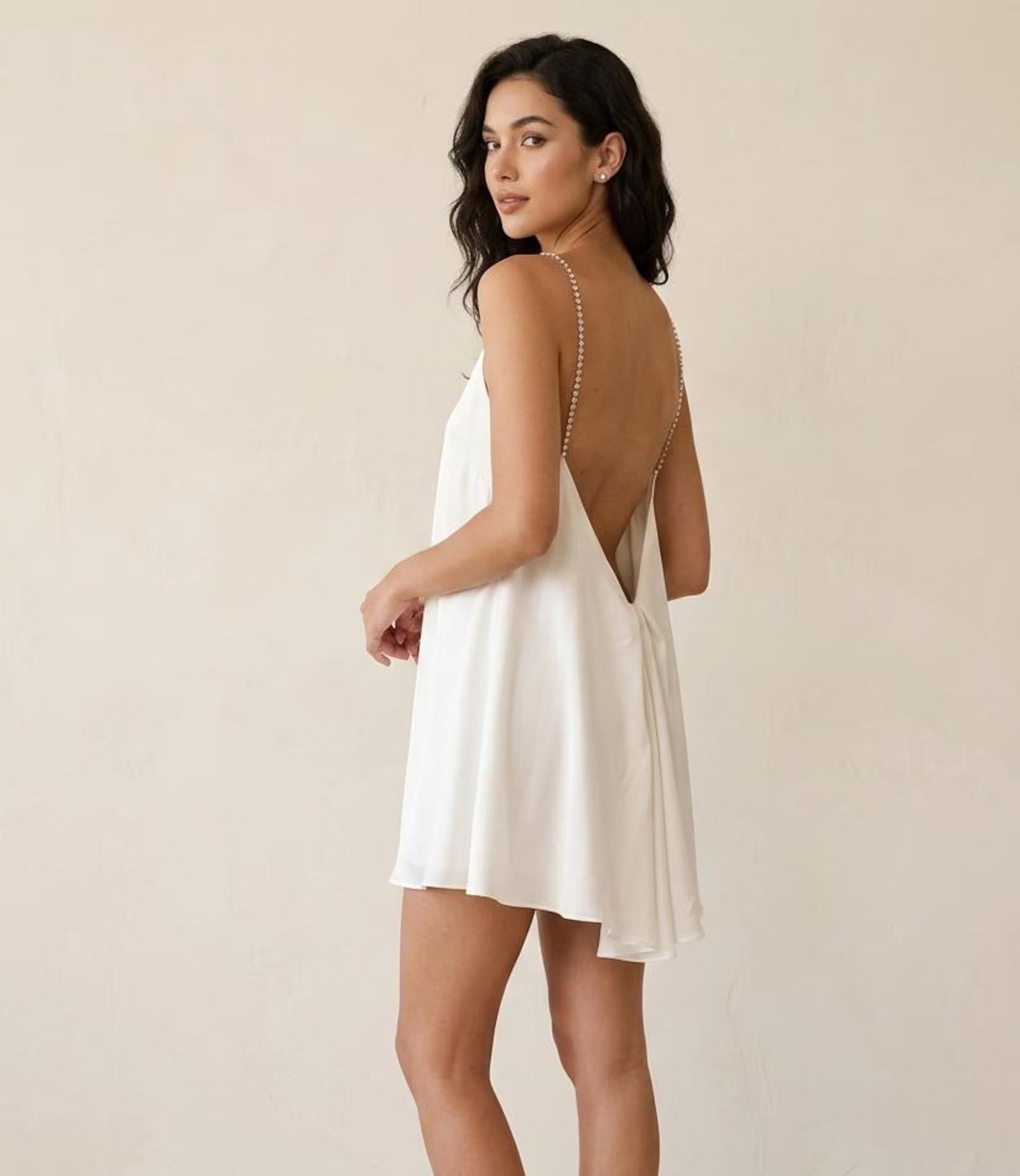 Stylish A-Line Deep V-Neck Rhinestone Straps White Mini Homecoming Dress