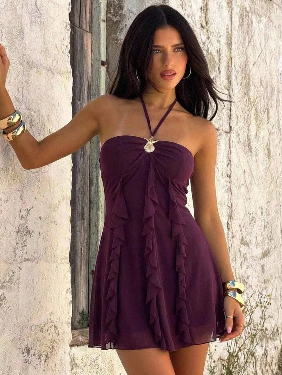Stylish A-Line Halter Ruffled Tie Mesh Purple Short Homecoming Dress Hot Sale