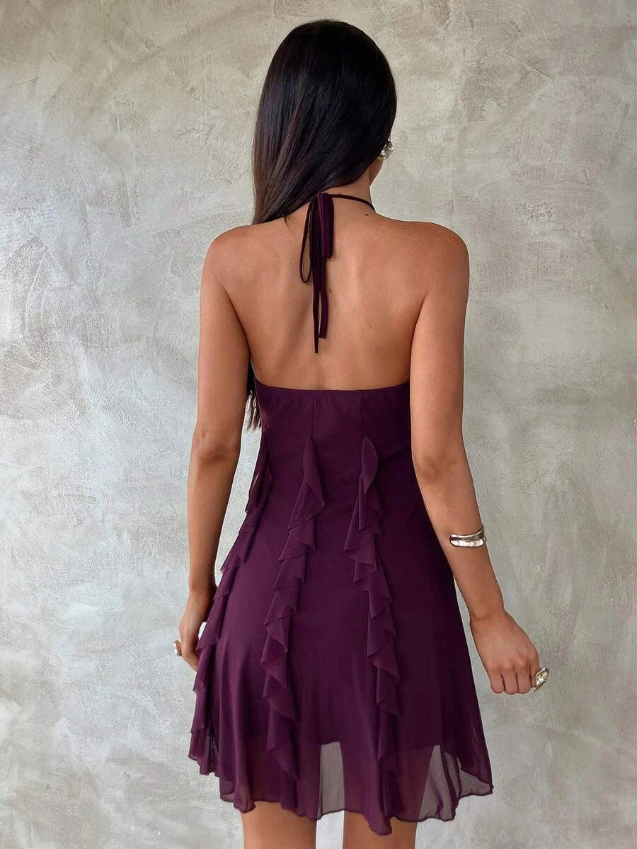 Stylish A-Line Halter Ruffled Tie Mesh Purple Short Homecoming Dress Hot Sale