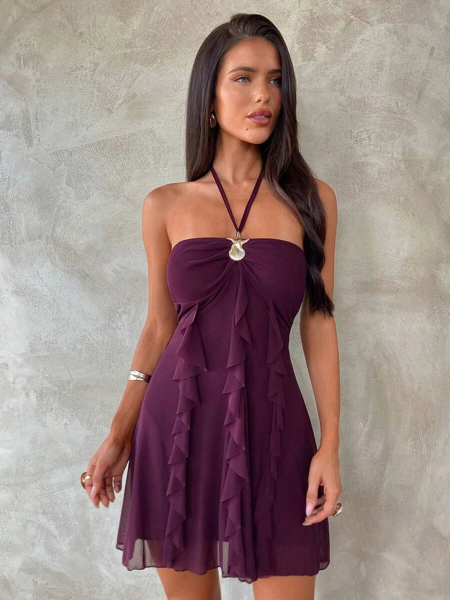 Stylish A-Line Halter Ruffled Tie Mesh Purple Short Homecoming Dress Hot Sale