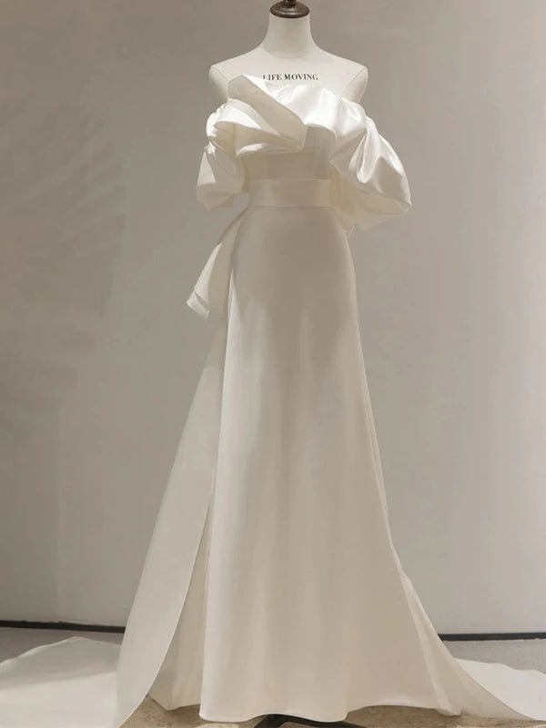 Stylish A-Line Off-Shoulder Ruffled Bow-Back Satin Ivory Floor Length Wedding Dress