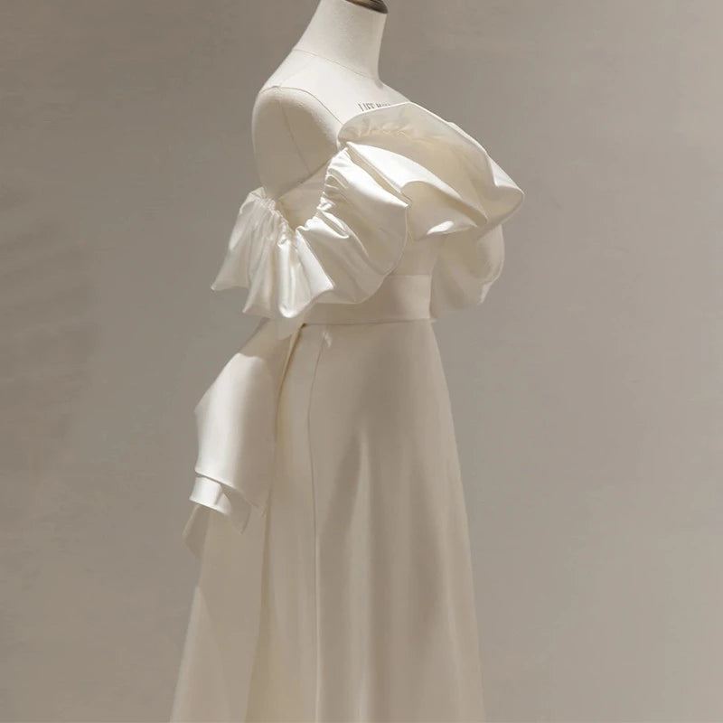 Stylish A-Line Off-Shoulder Ruffled Bow-Back Satin Ivory Floor Length Wedding Dress