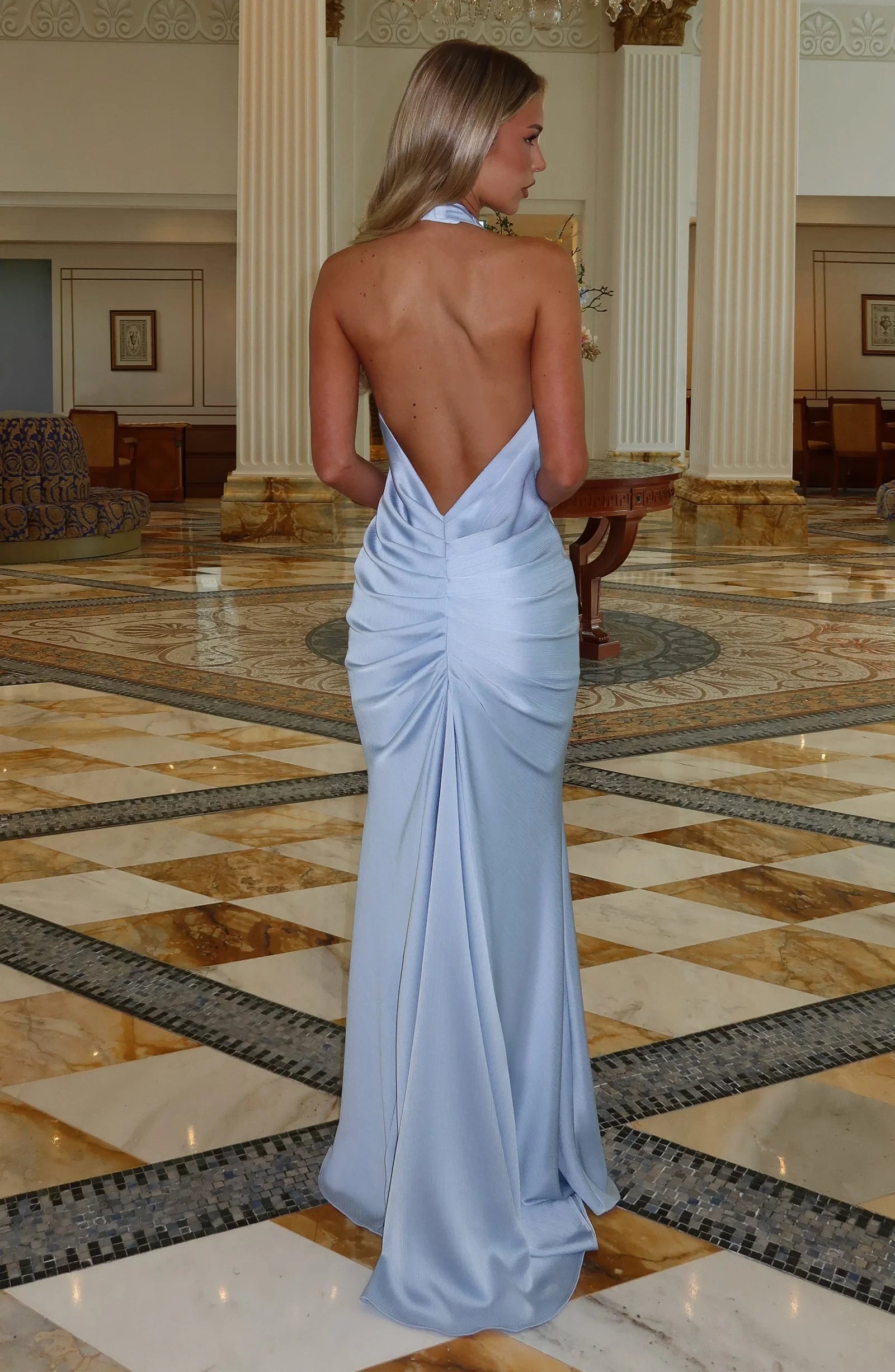 Stylish Mermaid Halter Ruched Backless Satin Light Blue Floor-Length Prom Dress